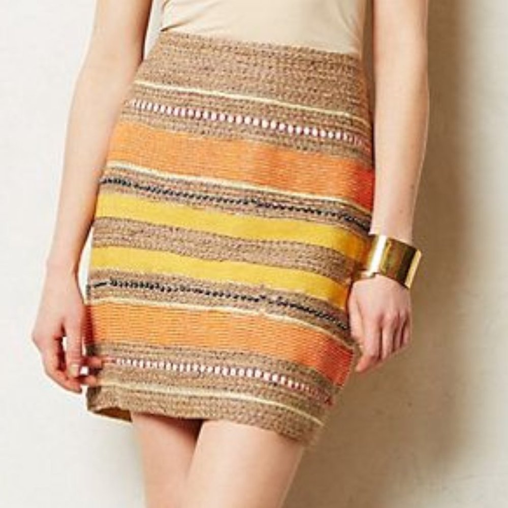 Anthropologie Shimmered Dusk Mini Skirt Yellow Orange Tan Stripes Jute Sz S NEW